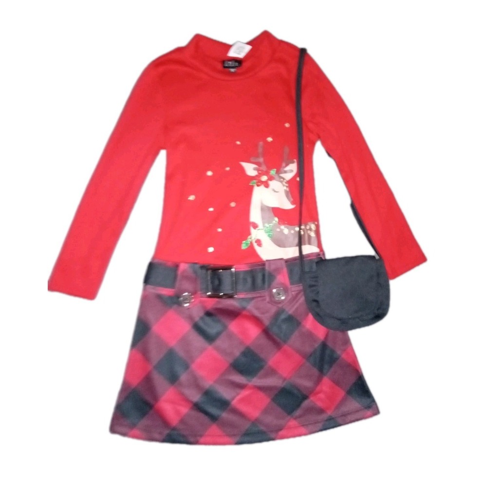 Lilt Girls Holiday Reindeer Dress Buffalo Plaid Size 6 Christmas w/ purse NWT